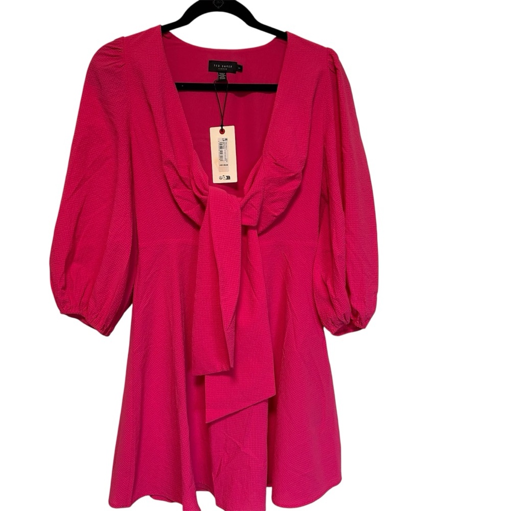 Chic Ted Baker Pink Jocelyn Seersucker Tie Front Mini Dress US size 4 NWT - Picture 5 of 10